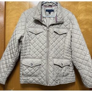 Tommy Hilfiger Women's Diamond‎ Quilted Zip-Up Pockets Jacket Beige Sz L